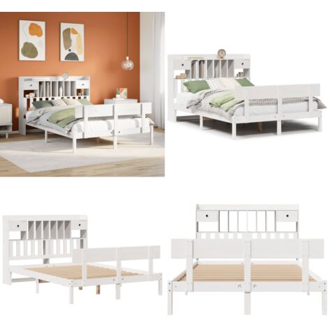 Cama con estantería sin colchón madera maciza blanca 150x200 cm - Cama sin colchón - Cama de madera