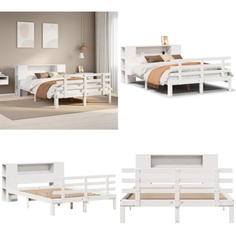 Cama con estantería sin colchón madera maciza blanca 150x200 cm - Cama sin colchón - Cama de madera