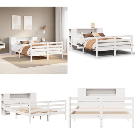 Cama con estantería sin colchón madera maciza blanca 150x200 cm - Cama sin colchón - Cama de madera