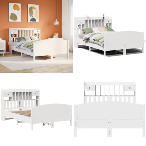 Cama con estantería sin colchón madera maciza blanca 150x200 cm - Cama sin colchón - Cama de madera