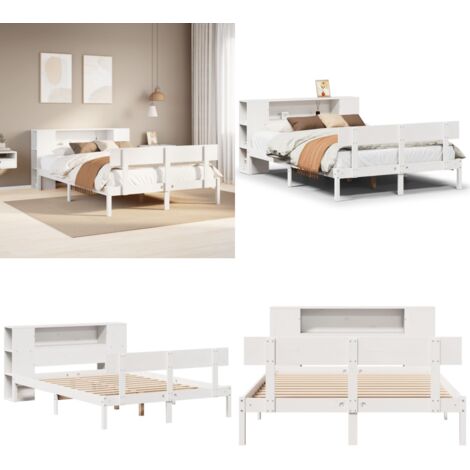 Cama con estantería sin colchón madera maciza blanca 150x200 cm - Cama sin colchón - Cama de madera