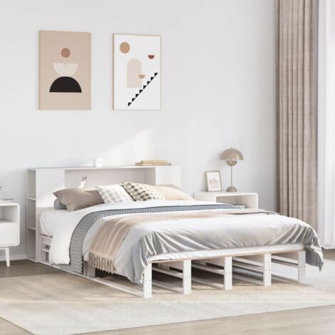 Cama con estantería sin colchón madera maciza blanca 160x200 cm