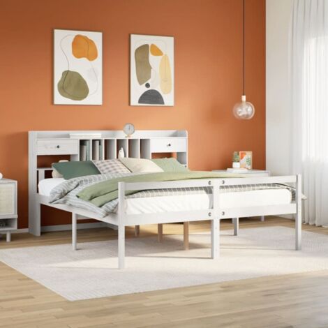 Cama con estantería sin colchón madera maciza blanca 180x200 cm