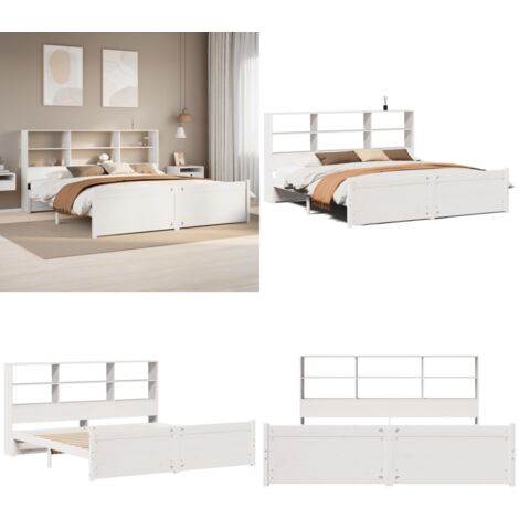 Cama con estantería sin colchón madera maciza blanca 180x200 cm - Cama de madera - Cama sin colchón