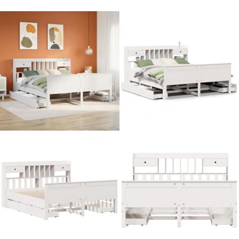 Cama con estantería sin colchón madera maciza blanca 180x200 cm - Cama de madera - Cama sin colchón