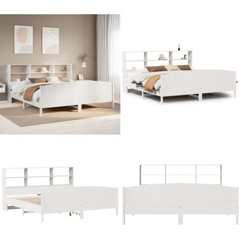 Cama con estantería sin colchón madera maciza blanca 180x200 cm - Cama sin colchón - Cama de madera
