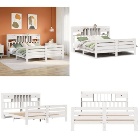 Cama con estantería sin colchón madera maciza blanca 180x200 cm - Cama sin colchón - Cama de madera