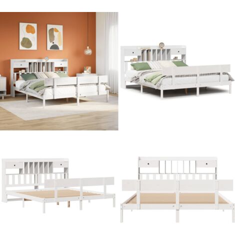 Cama con estantería sin colchón madera maciza blanca 180x200 cm - Cama sin colchón - Cama de madera