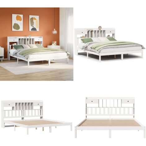 Cama con estantería sin colchón madera maciza blanca 180x200 cm - Cama sin colchón - Cama de madera