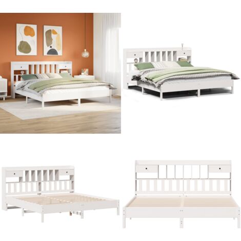 Cama con estantería sin colchón madera maciza blanca 180x200 cm - Cama sin colchón - Cama de madera