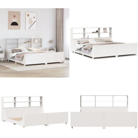 Cama con estantería sin colchón madera maciza blanca 180x200 cm - Cama sin colchón - Cama de madera