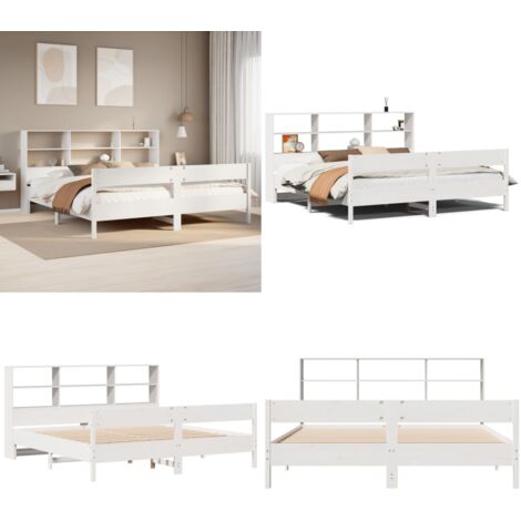 Cama con estantería sin colchón madera maciza blanca 180x200 cm - Cama sin colchón - Cama de madera