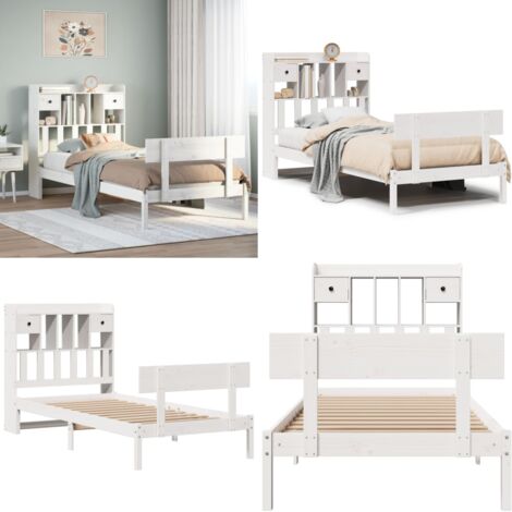 Cama con estantería sin colchón madera maciza blanca 75x190 cm - Cama de madera - Cama sin colchón