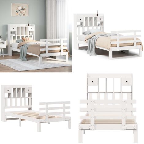 Cama con estantería sin colchón madera maciza blanca 75x190 cm - Cama sin colchón - Cama de madera