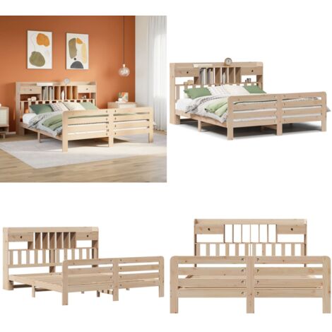 Cama con estantería sin colchón madera maciza de pino 180x200cm - Cama de madera - Cama sin colchón