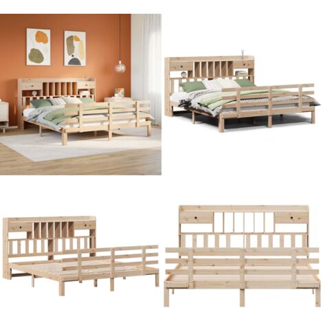 Cama con estantería sin colchón madera maciza de pino 180x200cm - Cama de madera - Cama sin colchón