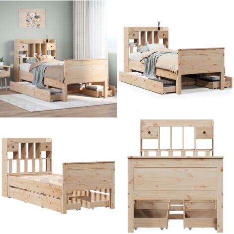 Cama con estantería sin colchón madera maciza de pino 90x200 cm - Cama de madera - Cama sin colchón