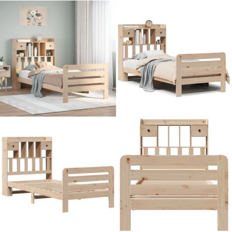 Cama con estantería sin colchón madera maciza de pino 90x200 cm - Cama de madera - Cama sin colchón