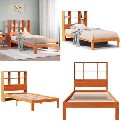 Cama con estantería sin colchón madera maciza marrón 100x200 cm - Cama de madera - Cama sin colchón