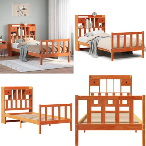 Cama con estantería sin colchón madera maciza marrón 100x200 cm - Cama sin colchón - Estantería de madera