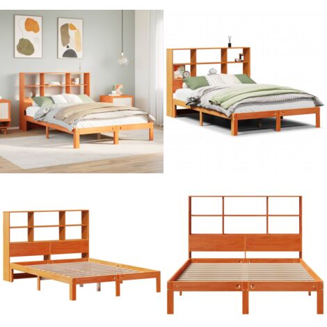Cama con estantería sin colchón madera maciza marrón 140x190 cm - Cama de madera - Cama sin colchón