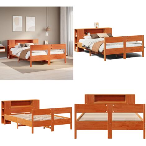 Cama con estantería sin colchón madera maciza marrón 140x190 cm - Cama de madera - Cama sin colchón