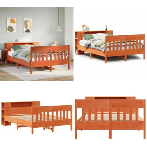 Cama con estantería sin colchón madera maciza marrón 140x190 cm - Cama de madera - Cama sin colchón