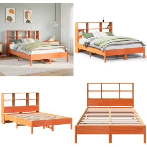 Cama con estantería sin colchón madera maciza marrón 140x190 cm - Cama sin colchón - Cama de madera