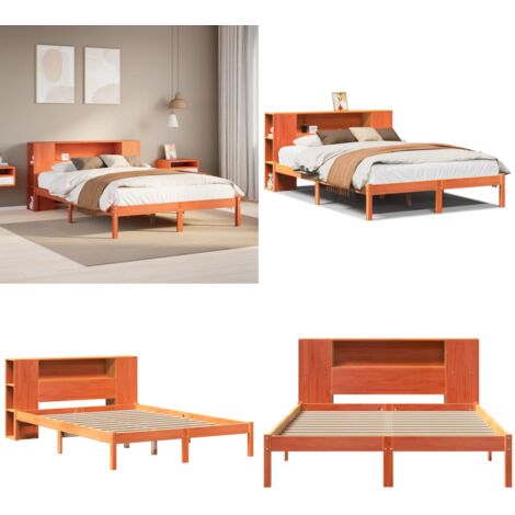 Cama con estantería sin colchón madera maciza marrón 140x190 cm - Cama sin colchón - Cama de madera