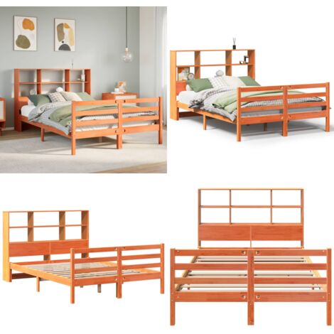 Cama con estantería sin colchón madera maciza marrón 150x200 cm - Cama de madera - Cama sin colchón