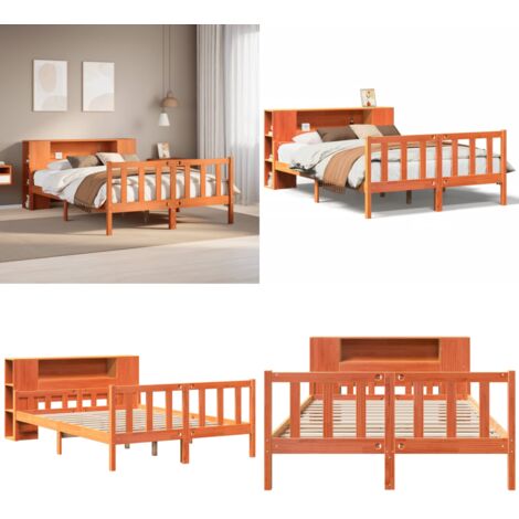 Cama con estantería sin colchón madera maciza marrón 150x200 cm - Cama de madera - Cama sin colchón