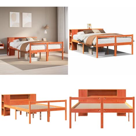 Cama con estantería sin colchón madera maciza marrón 150x200 cm - Cama de madera - Cama sin colchón