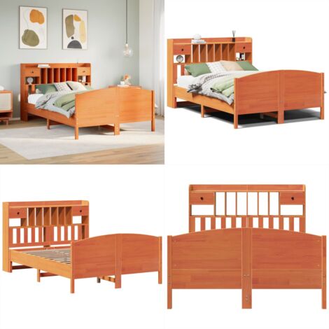 Cama con estantería sin colchón madera maciza marrón 150x200 cm - Cama de madera - Cama sin colchón