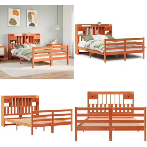 Cama con estantería sin colchón madera maciza marrón 150x200 cm - Cama sin colchón - Cama de madera