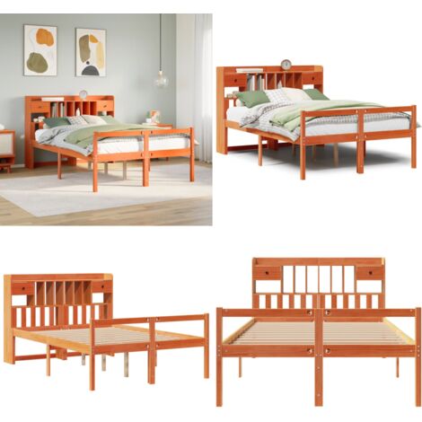 Cama con estantería sin colchón madera maciza marrón 150x200 cm - Cama sin colchón - Cama de madera