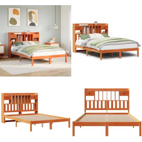Cama con estantería sin colchón madera maciza marrón 150x200 cm - Cama sin colchón - Estantería de madera