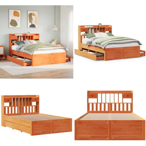 Cama con estantería sin colchón madera maciza marrón 150x200 cm - Cama sin colchón - Estantería de madera