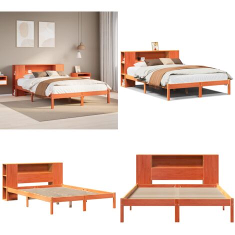Cama con estantería sin colchón madera maciza marrón 150x200 cm - Cama sin colchón - Estantería de madera