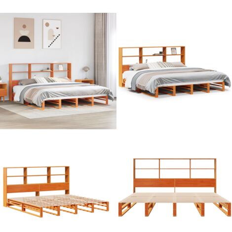 Cama con estantería sin colchón madera maciza marrón 180x200 cm - Cama de madera - Cama sin colchón