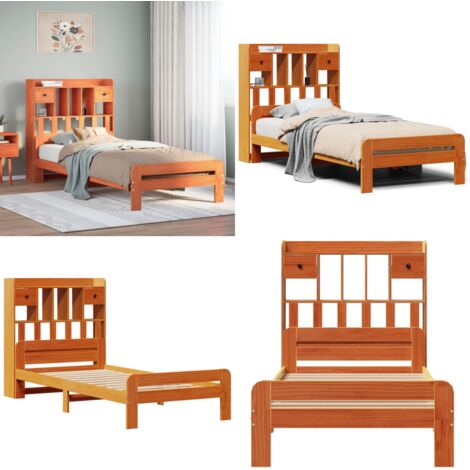 Cama con estantería sin colchón madera maciza marrón 75x190 cm - Cama de madera - Cama sin colchón