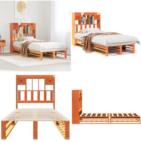 Cama con estantería sin colchón madera maciza marrón 75x190 cm - Cama de madera - Cama sin colchón