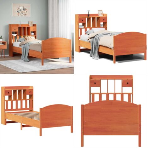 Cama con estantería sin colchón madera maciza marrón 75x190 cm - Cama sin colchón - Cama de madera