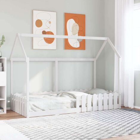 Cama con forma de casa de niños madera maciza blanca 90x190 cm