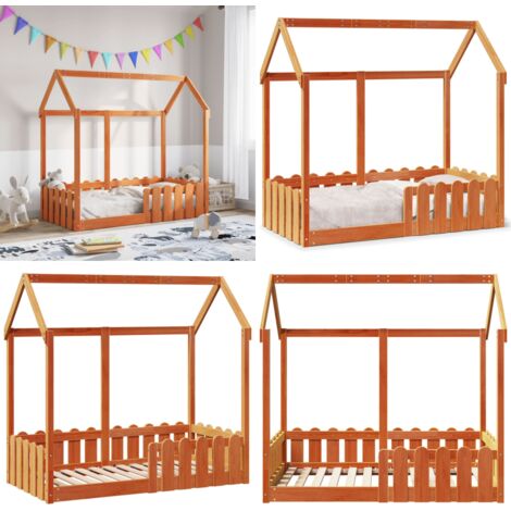 Cama con forma de casa de niños madera maciza marrón 70x140 cm - Cama de niños - Cama de casa