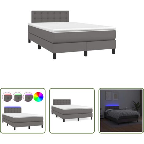 Cama con led -  Cama box spring con colchón LED cuero sintético gris 120x190 cm