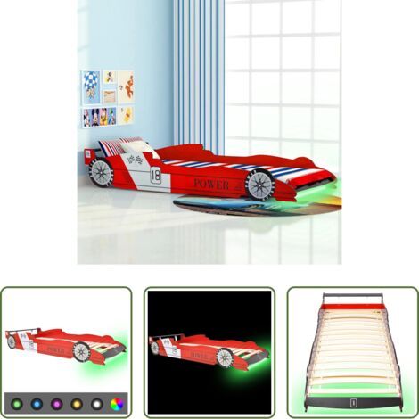 Cama con LED -  Cama infantil con forma de coche carreras y LED  90x200 cm roja