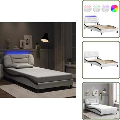 Cama con LED - vidaXL Estructura de cama con LED sin colchón Hvar blanco negro 100x200 cm - Cama con cuero sintético
