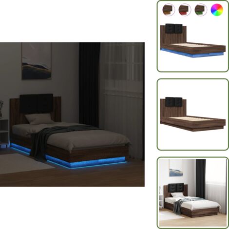 Cama con luces - vidaXL Estructura de cama cabecero luces LED marrón roble 75x190 cm - Madera de ingeniería