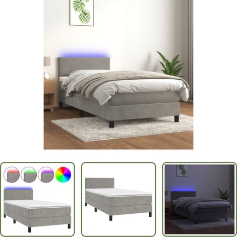 Cama con luz LED -  Cama box spring colchón y LED terciopelo gris claro 100x200 cm