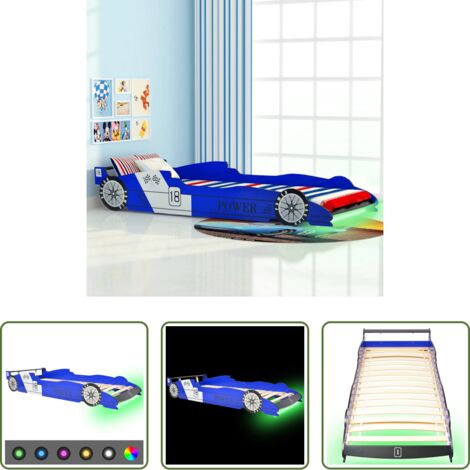 Cama con luz LED -  Cama infantil con forma de coche carreras y LED 90x200 cm azul